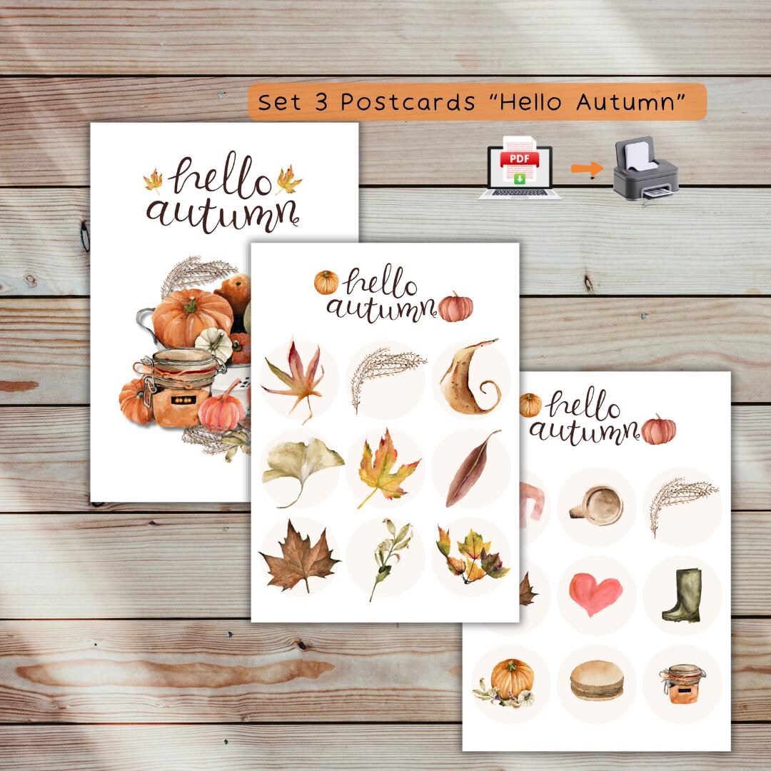 Printable Postcard Set of 3 “hello Autumn”, Fall Digital Cards, Instant ...