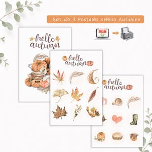 Puede incluir: Un conjunto de tres postales digitales tituladas "Hello Autumn" con ilustraciones en acuarela de calabazas, hojas de otoño, un frasco, un corazón, una bota y otros elementos estacionales en tonos naranja, marrón y verde sobre fondo blanco.