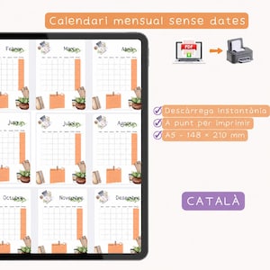 Op de afbeelding: Een digitale tablet toont een maandelijkse kalendersjabloon zonder datums, met twaalf pagina's voorzien van botanische illustraties, oranje accenten en rasterindelingen. Het scherm toont de maanden van februari tot en met december.
