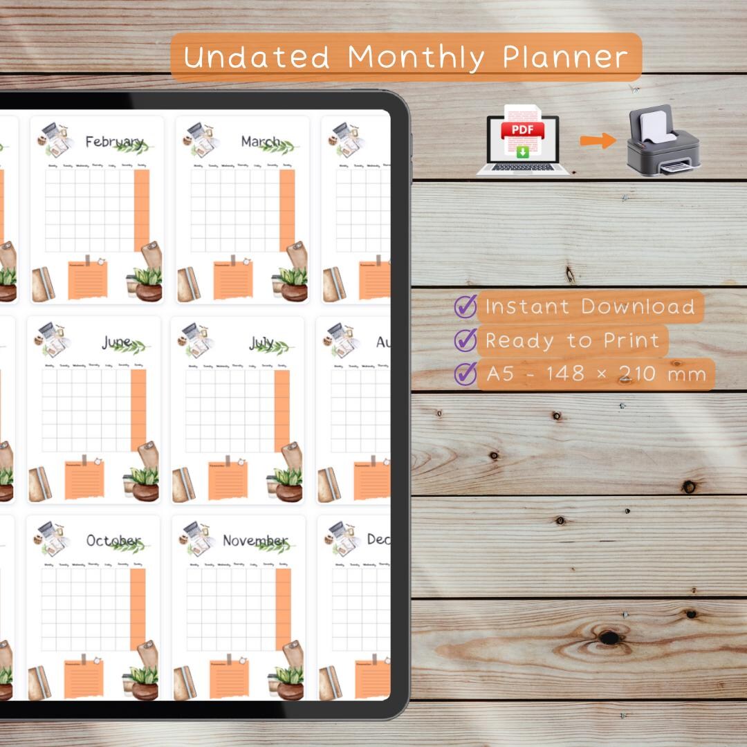 Digital Calendar.pdf Undated Digital Calendar PDF, Instant Download, A5 Monthly Planner ...