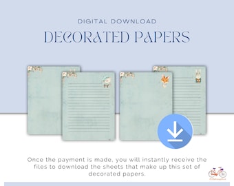 Decorated Paper Set Printable Template, A5 Letter Writing Paper, Vintage Style Seperate Note Sheets, Decorated Paper with or without lines.