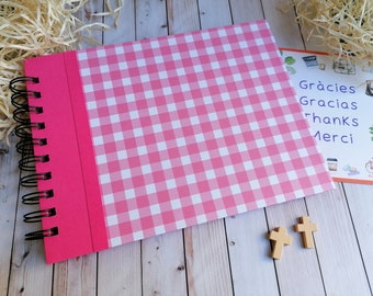 Scrapbooking Photo Album, Spiral Bound Photo Album, Pink Grid, Guest Book, Handmade, Size: 20.5 cm x 15.5 cm / 8” x 6.1”