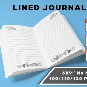 Puede incluir: Diario abierto con líneas y un diseño de corazón en blanco y negro en la portada. El diario mide 15,24 x 22,86 cm y tiene 100, 110 o 120 páginas. El diario está disponible en formatos PDF, PNG y JPG.