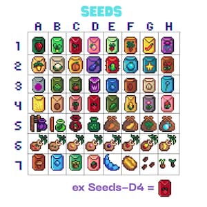 May include: A colourful grid of seed packets, each with a unique design, labelled with letters and numbers. The word "SEEDS" is at the top. An example shows a red packet labelled "D4". The packets contain seeds for various crops.