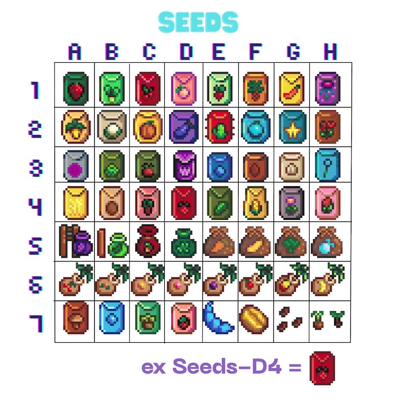 May include: A colourful grid of seed packets, each with a unique design, labelled with letters and numbers. The word "SEEDS" is at the top. An example shows a red packet labelled "D4". The packets contain seeds for various crops.