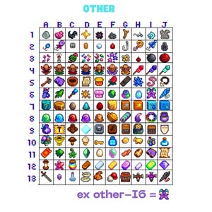 May include: A grid of pixelated icons, labelled "OTHER" at the top. The grid contains various items, including eggs, gems, tools, and decorative objects. The text "ex other-I6 =" is at the bottom, with a pixelated icon.