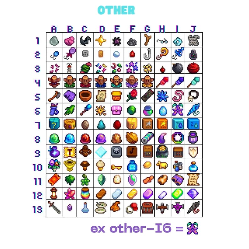 May include: A grid of pixelated icons, labelled "OTHER" at the top. The grid contains various items, including eggs, gems, tools, and decorative objects. The text "ex other-I6 =" is at the bottom, with a pixelated icon.