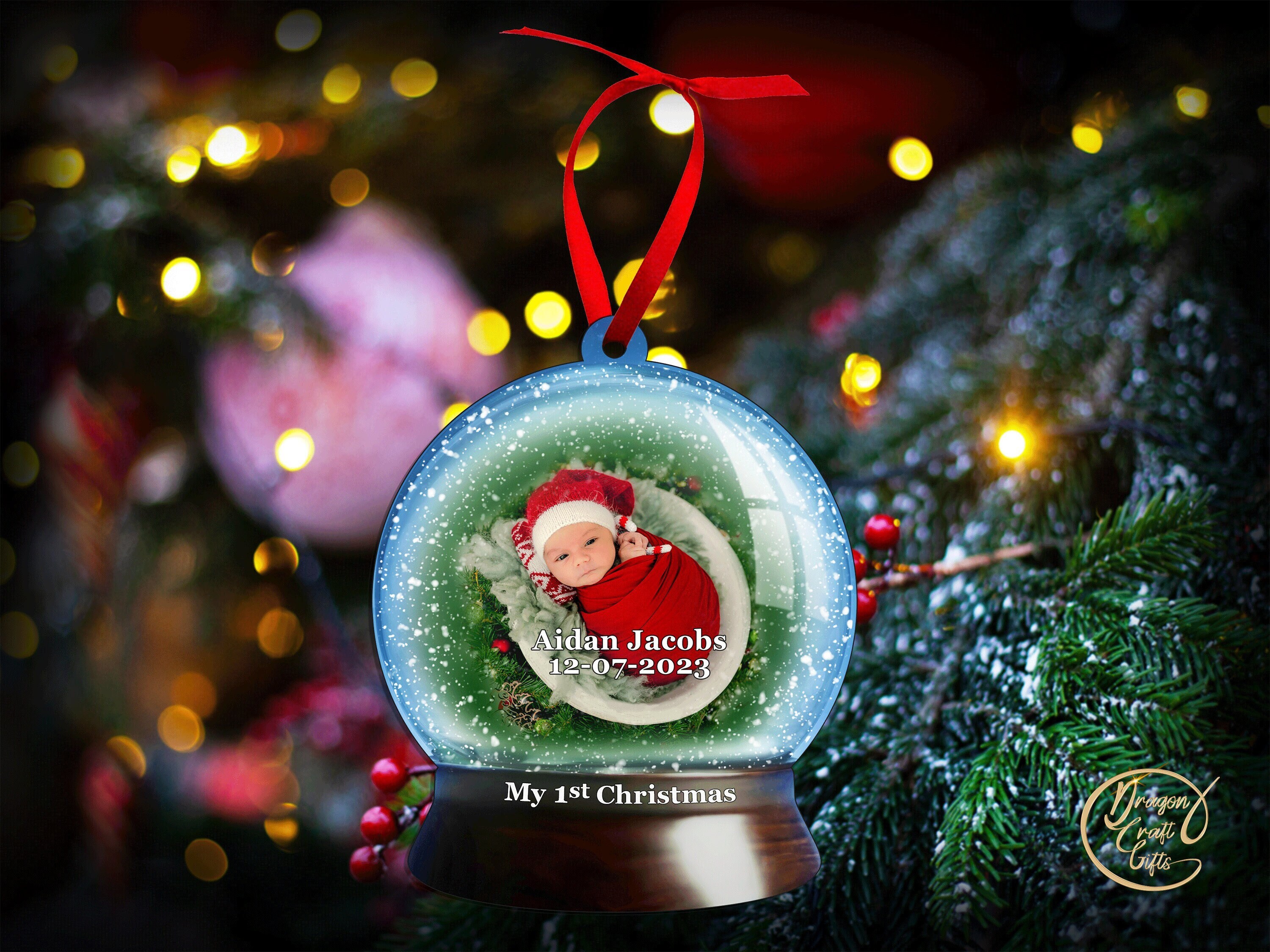 Baby's First Christmas Snow Globe Photo Ornament, Personalized Photo