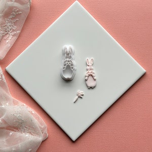 May include: Two white plastic cookie cutters shaped like bunnies, one with a pink bunny inside, and a small white plastic flower cutter.