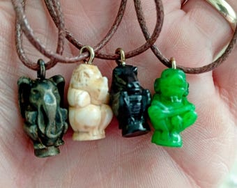 Jumanji Game Board Figures Necklace tokens Metal Elephant, Jade like Monkey, Ivory Rhino, & Ebony Croc.