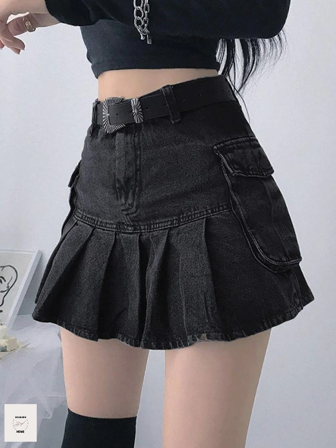 Y2K High Waist Jean Skirt Aesthetics Black Denim Pleated Skirt - Etsy