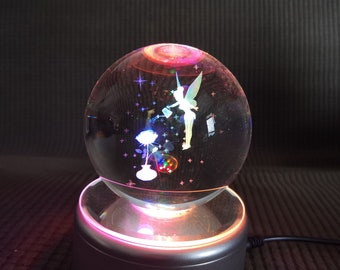 3D crystal ball, flower fairy crystal ball with rotating color lamp base (3.15in)