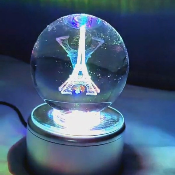 Boule de cristal 3D avec modèle tour Eiffel et support de lampe LED rotatif, meilleur cadeau d'anniversaire pour enfants (8,1 cm)