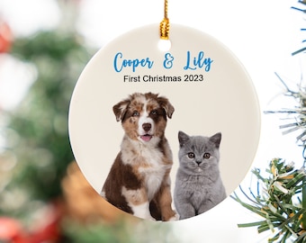 Custom Pet Ornament With Photo & Name, Dog Cat Lovers Personalized Christmas Gift, Memorial Keepsake Holiday Tree Home Decor