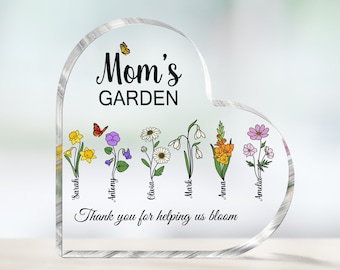 Custom Mom's Garden Sign With Birth Month Flowers Children Names, Personalized Mothers Day Gift For Mom From Daughter, Acrylic Heart Plaque