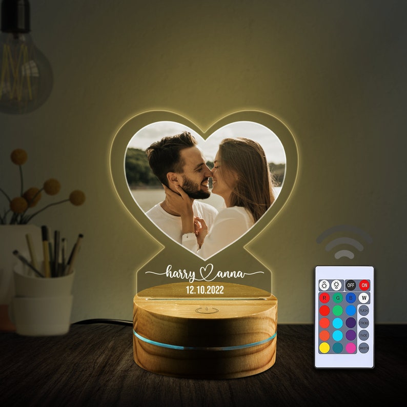 Custom Anniversary Gift For Her And Him, Heart Photo Night Light