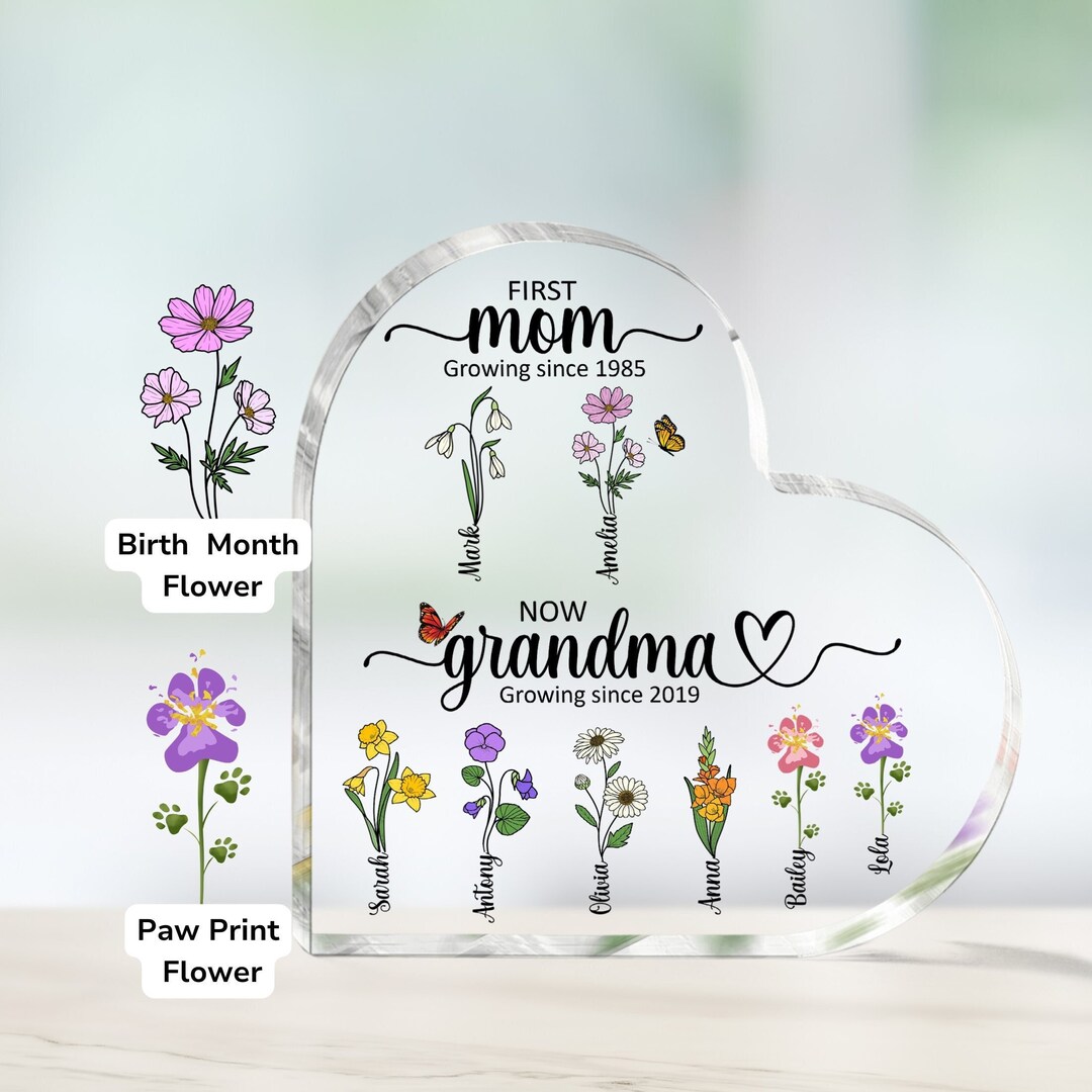 First Mom Now Grandma, Custom Birth Month Flowers Acrylic Heart Plaque ...