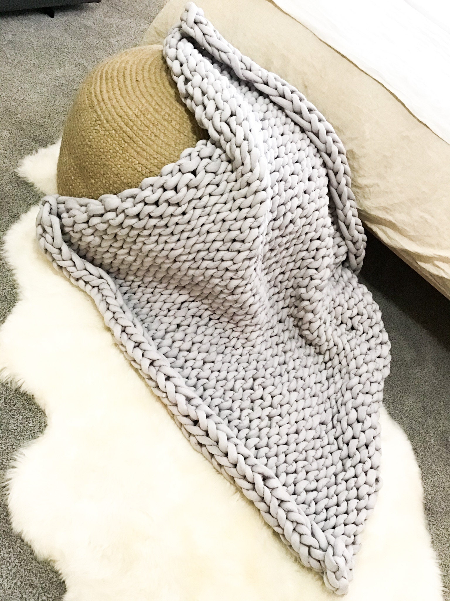 Gray Chunky cotton hand knit lap blanket Etsy