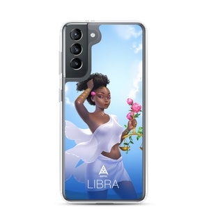 May include: A clear smartphone case featuring a digital illustration of a person with dark skin and curly hair wearing a white draped garment. The person holds a golden scale adorned with pink flowers against a blue sky. The text reads KAFFUL LIBRA.