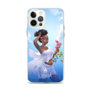 May include: A clear smartphone case featuring a digital illustration of a person with dark skin and curly hair wearing a white toga, holding a golden scale adorned with pink flowers against a blue sky background with the text KAFFUL LIBRA.