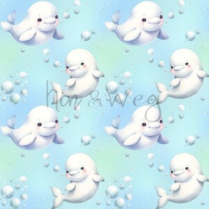 May include: A repeating pattern of cartoon beluga whales with smiling faces and small fins. The whales are white with pink cheeks and are swimming in a blue and green gradient background with bubbles.