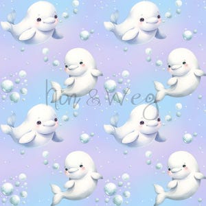 May include: A repeating pattern featuring cartoon beluga whales with smiling faces and small fins. The whales are white with pink cheeks and eyes, set against a gradient background of blue and purple, with scattered bubbles.