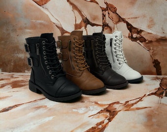 Shoe Fash Girls Lace Up & Zip up Combat Boot with Buckle Accents