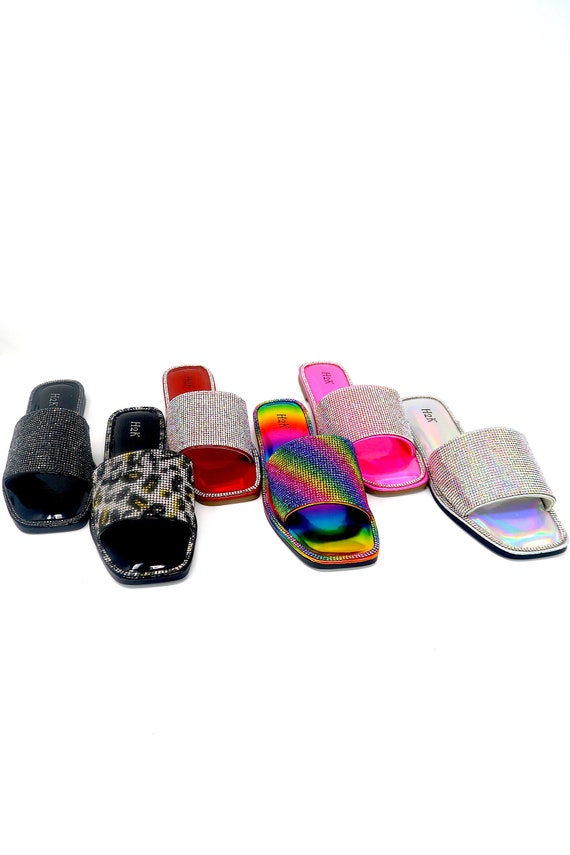 Womens rhinestone slides hot sale