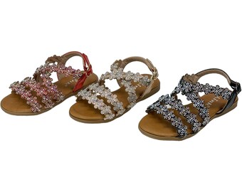 Little Girls Open Toe Sandals With Rhinestone Flower Accents Buckle Up Straps