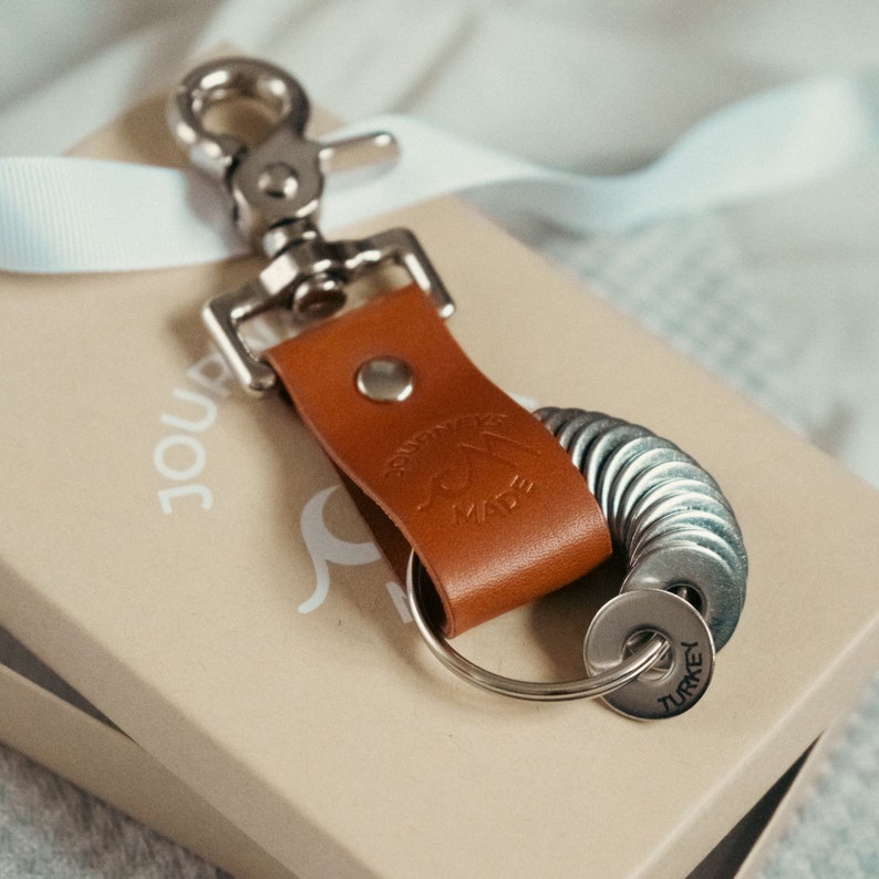 Travel Keychain in Tan Leather Travel Keyring, Gift for Travellers, Travel Keepsake image 2