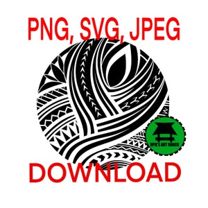 Pode incluir: Um design tribal preto e branco em forma de círculo. O design apresenta padrões e redemoinhos intrincados. O texto "PNG, SVG, JPEG DOWNLOAD" está escrito em vermelho abaixo do círculo.