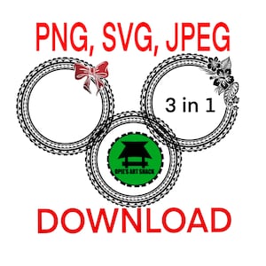 May include: Three black and white circular frames with intricate designs. The top frame has a red bow, the right frame has a floral design with pink flowers, and the bottom frame has a green circle with a black silhouette of a house and the text "OPIE'S ART SHACK". The text "PNG, SVG, JPEG 3 in 1 DOWNLOAD" is in red letters below the frames.