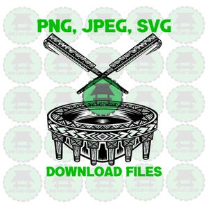 May include: Black and white illustration of a traditional Polynesian bowl with a geometric pattern. Two crossed spears with a geometric pattern are above the bowl. The text "PNG, JPEG, SVG" and "DOWNLOAD FILES" are below the bowl.