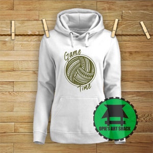 May include: White hoodie with a green graphic of a volleyball with a tribal design and the text "Game Time".