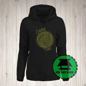 May include: Black hooded sweatshirt with a gold graphic of a volleyball with the words "Game Time" around it.