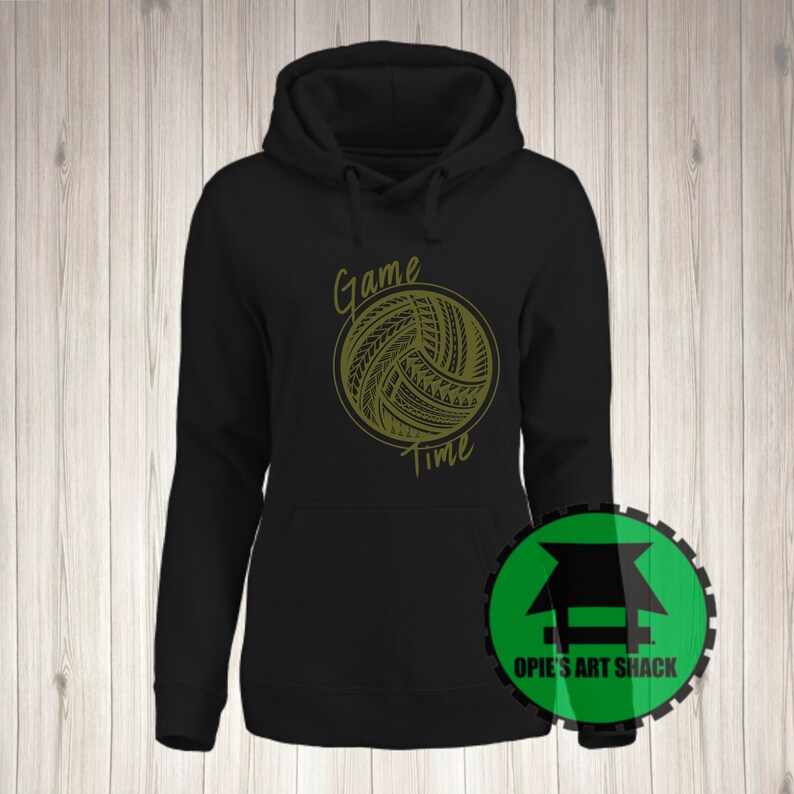 May include: Black hooded sweatshirt with a gold graphic of a volleyball with the words "Game Time" around it.