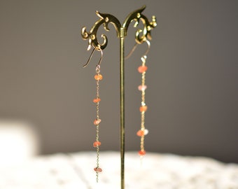 Boucles d'oreilles très longues en Cornaline, crochet en Gold Filled 14 carats, Pierres Fines Véritables, Pièce Unique Fait Main