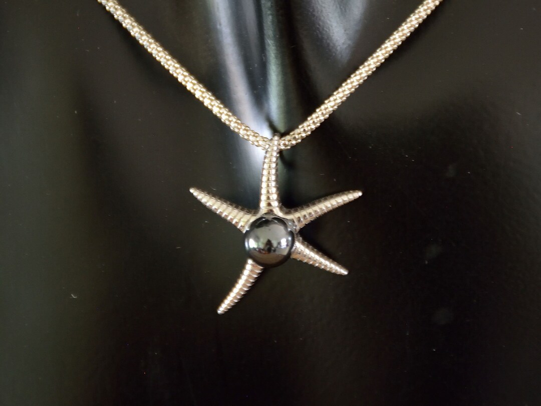 Rhodium Plated Sterling Silver Starfish Pendant With Genuine Hematite ...
