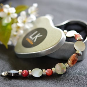 Bracelet in real gemstones of Agate Crazy Lace, Fire Agate, Hematite and Mother-of-Pearl - Clasp of your choice - Unique Handmade piece