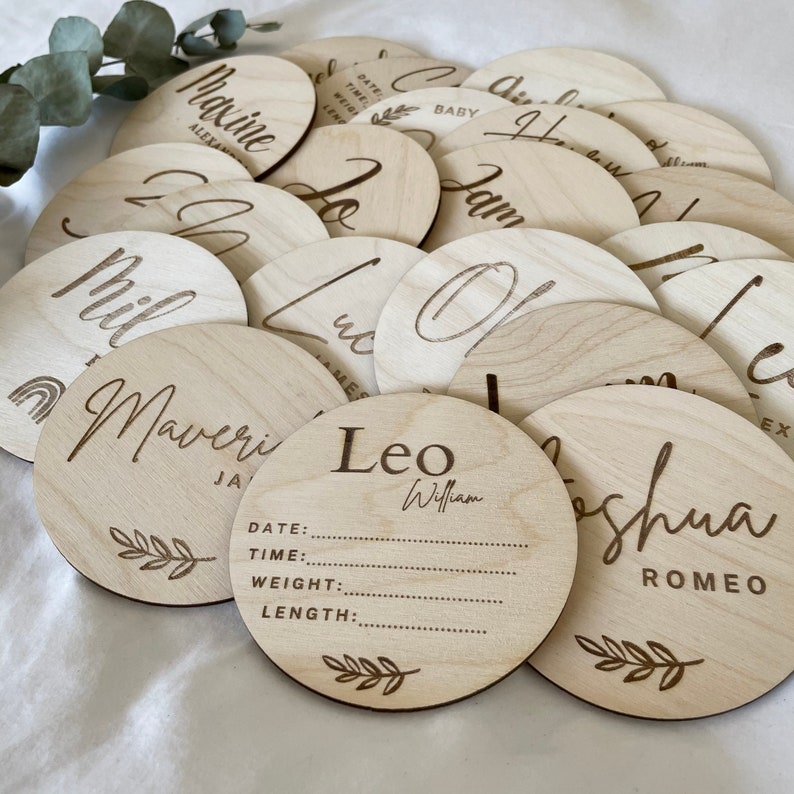 Baby Name Sign Birth Announcement Baby by the Month Photo Props Hospital Announcement Disc Baby Gift Milestone buttons image 9