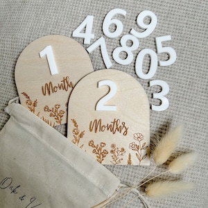 Acrílico cambiable floral / Discos de hitos mensuales de madera / Accesorios fotográficos para bebés por mes / Arco de hitos para bebés / Signo de nombre de bebé /