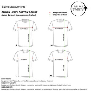 May include: Sizing chart for Gildan heavy cotton t-shirts with measurements in inches and centimeters for sizes S, M, L, and XL. The chart shows the armpit to armpit and shoulder to hem measurements for each size.