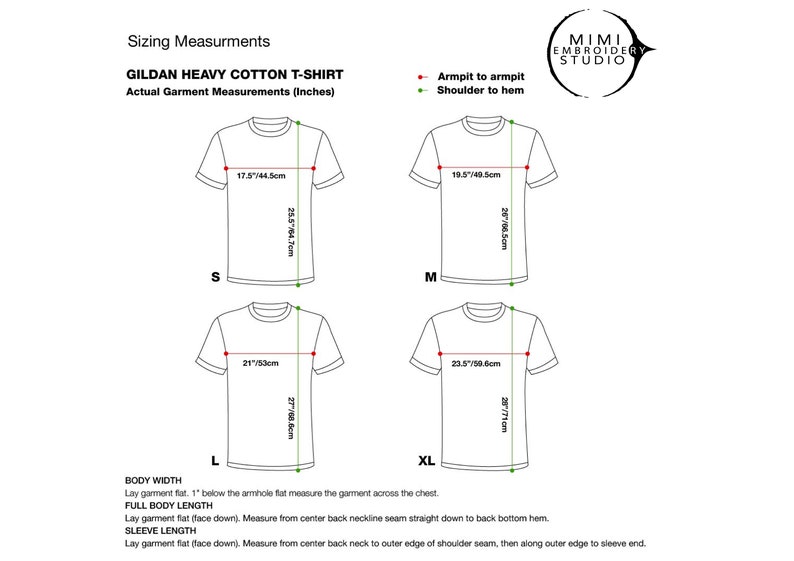 May include: Sizing chart for Gildan heavy cotton t-shirts with measurements in inches and centimeters for sizes S, M, L, and XL. The chart shows the armpit to armpit and shoulder to hem measurements for each size.