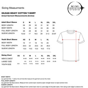 May include: Sizing chart for Gildan heavy cotton t-shirts with measurements in inches for adult and youth sizes. The chart includes body length, body width, full body length, and sleeve length.