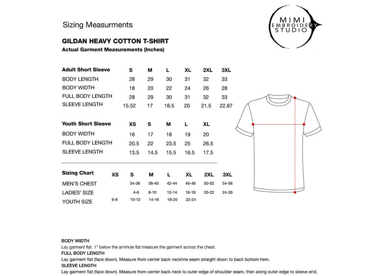 May include: Sizing chart for Gildan heavy cotton t-shirts with measurements in inches for adult and youth sizes. The chart includes body length, body width, full body length, and sleeve length.