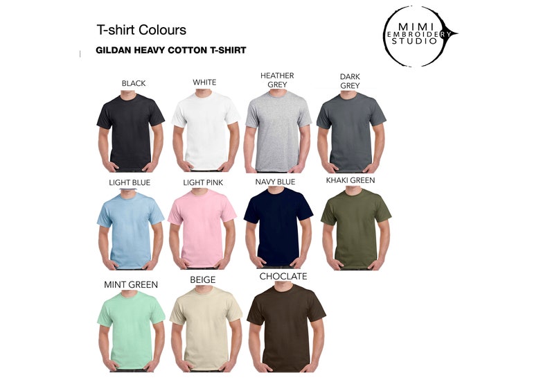 May include: A selection of Gildan Heavy Cotton T-shirts in various colors, including black, white, heather grey, dark grey, light blue, light pink, navy blue, khaki green, mint green, beige, and chocolate.