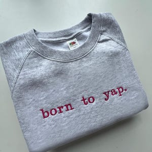 May include: Grey sweatshirt with a pink embroidered phrase "born to yap."