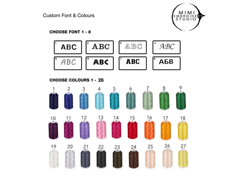 May include: A chart showing eight different font styles for embroidery, labeled 1 through 8. Below the fonts, there are 27 different thread colors, labeled 1 through 27. The text "CHOOSE FONT 1-8" and "CHOOSE COLOURS 1-26" is displayed above the fonts and colors, respectively. The text "MIMI EMBROIDERY STUDIO" is displayed in a circle in the upper right corner of the image.
