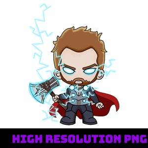 May include: A cartoon illustration of Thor, a superhero from the Marvel universe, with a red cape and a lightning bolt behind him. He is holding a hammer in his right hand and has a serious expression on his face.