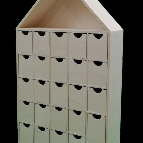 Advent calendar. In natural poplar wood. To paint. With 24 drawers. Measurements (width/depth/height): 28*8*48 cm.